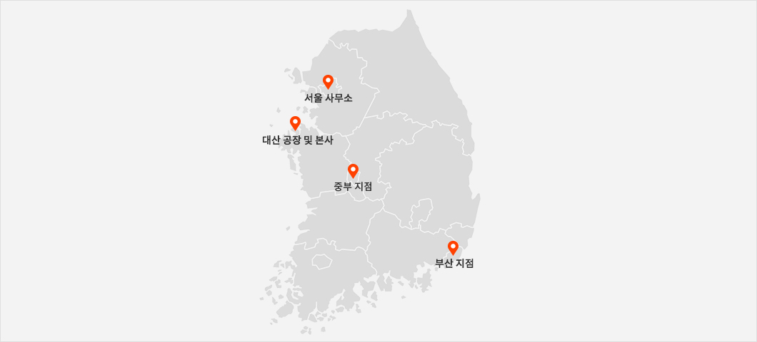 국내 네트워크 지도 (서울 사무소, 대산, 공장 및 본사, 대구 지점, 중부 지점)