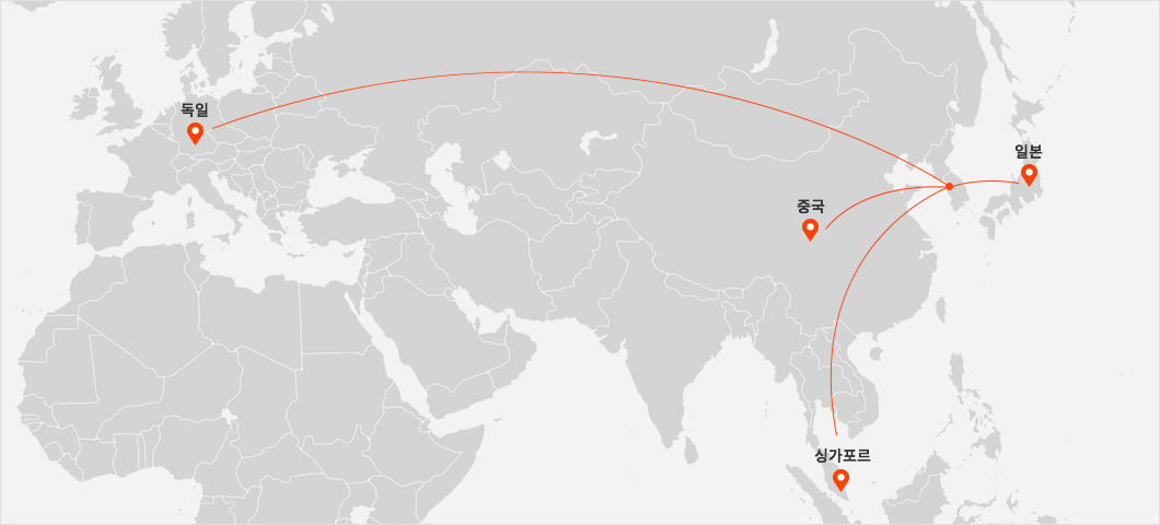 해외 네트워크 지도 (일본, 중국, 싱가포르, 독일)